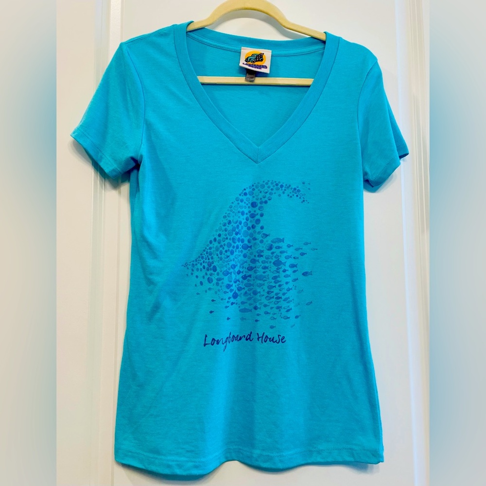 Longboard House Surf Shop t-shirt blue size Large with fish in a wave (115)